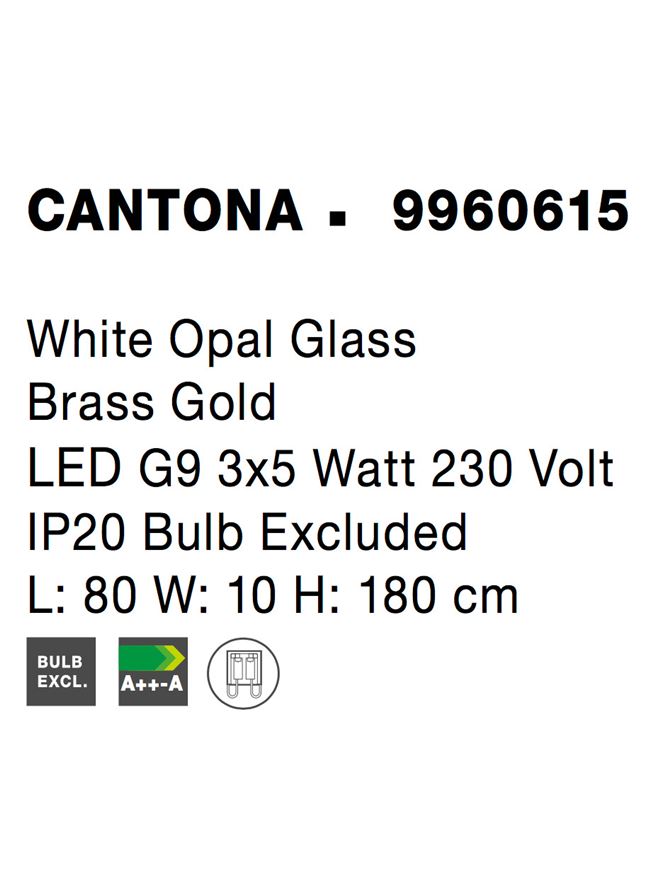 Висящо осветително тяло (пендел) CANTONA LED 15W G9 Златист месинг Матирано бяло стъкло Регулируема височина L80 W10 H180см