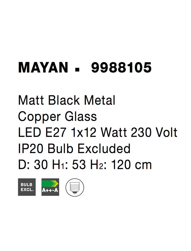 Висящо осветително тяло (пендел) MAYAN 12W E27 Матово черен Медно стъкло