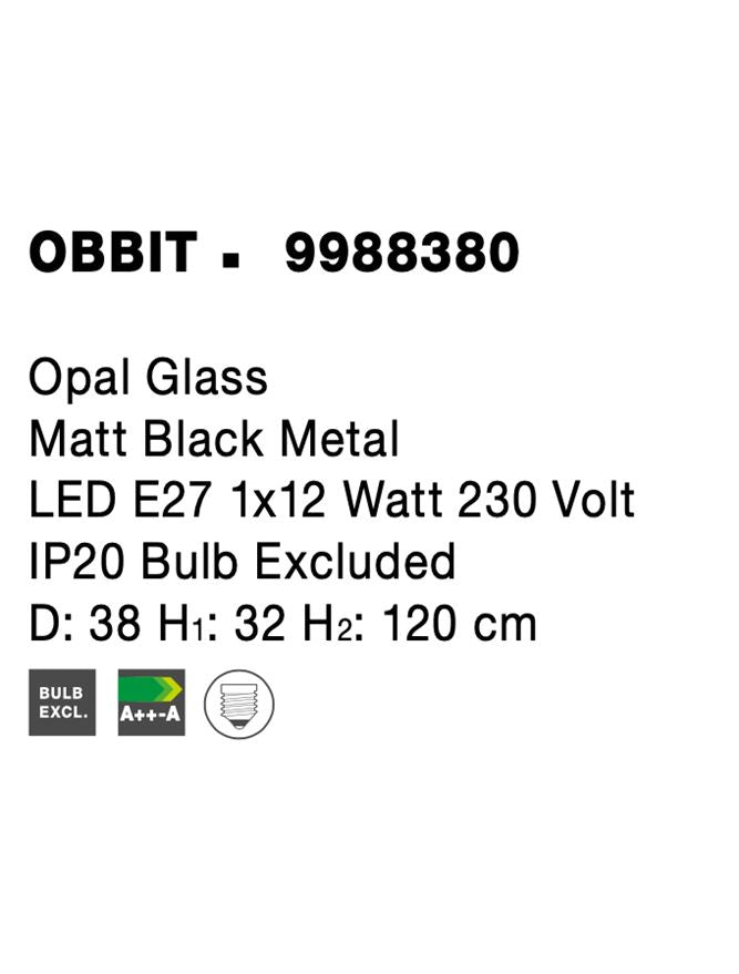 Висящо осветително тяло (пендел) OBBIT 1x12W E27 Матово черен метал опалово стъкло ⌀38 H32/120см Регулируема височина