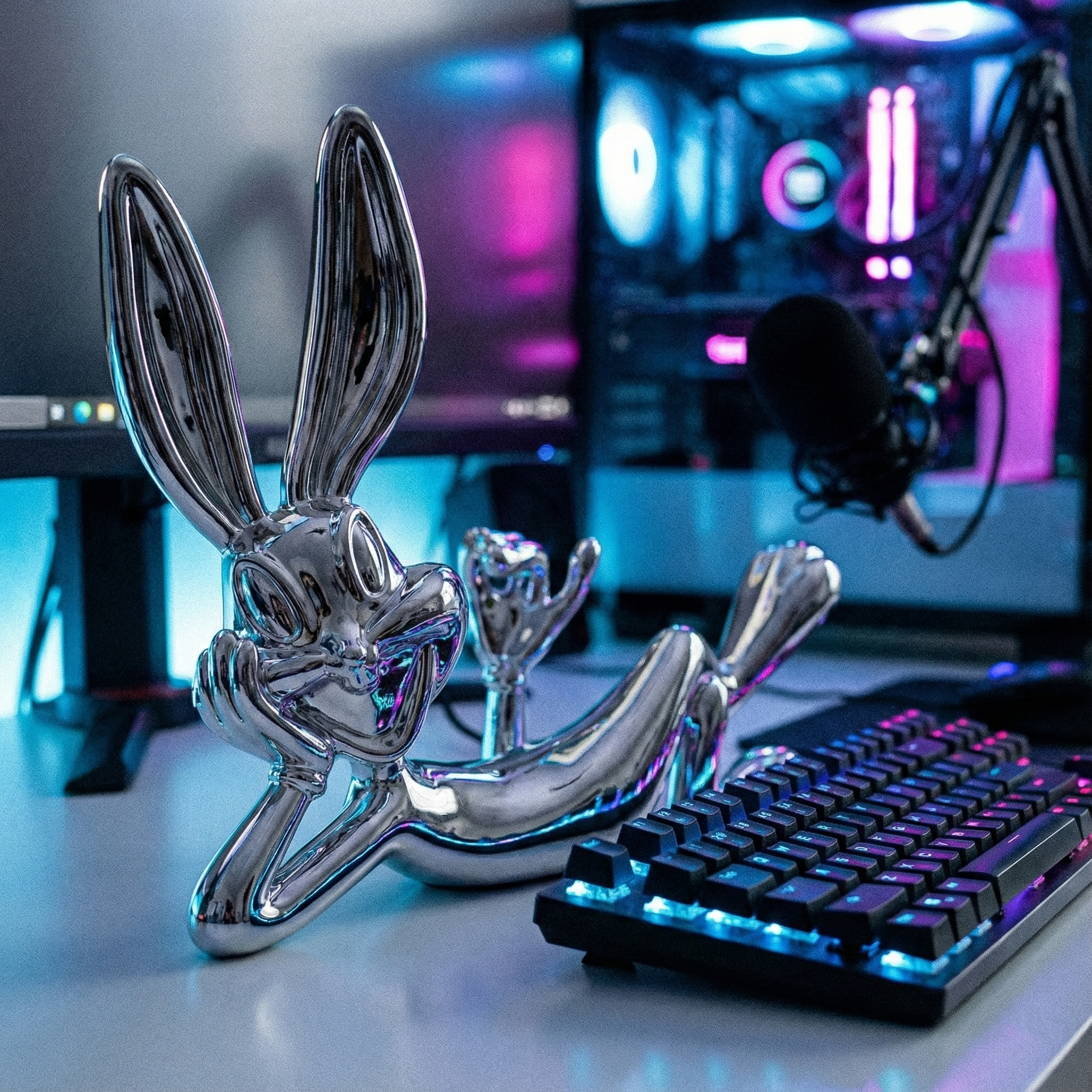 Декоративна скулптура на лежащо зайче Bugs Bunny | Хромирана | 43cm