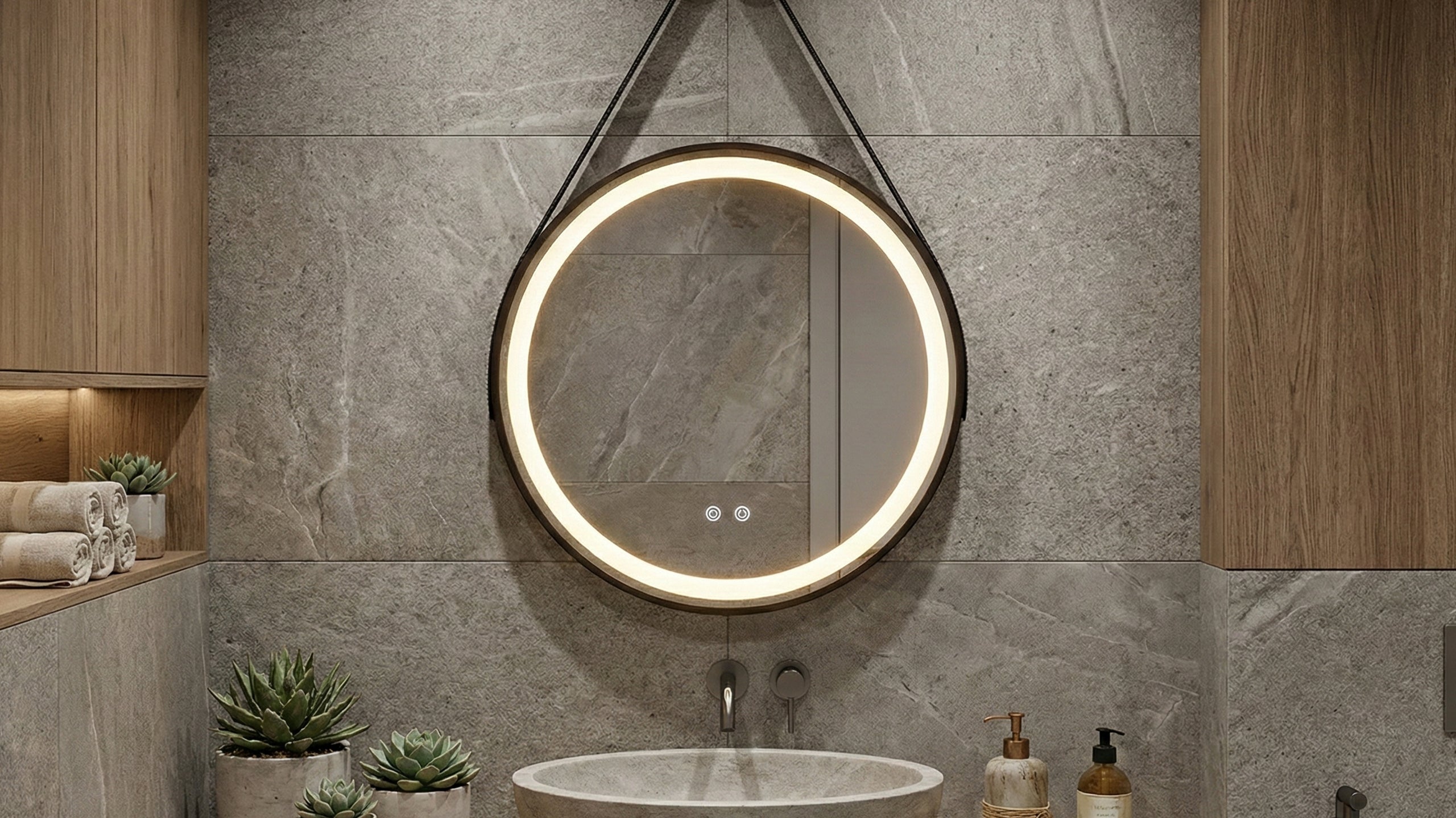 Кръгло LED огледало Leather | Кожен колан | 60cm | Anti Fog | Touch Control