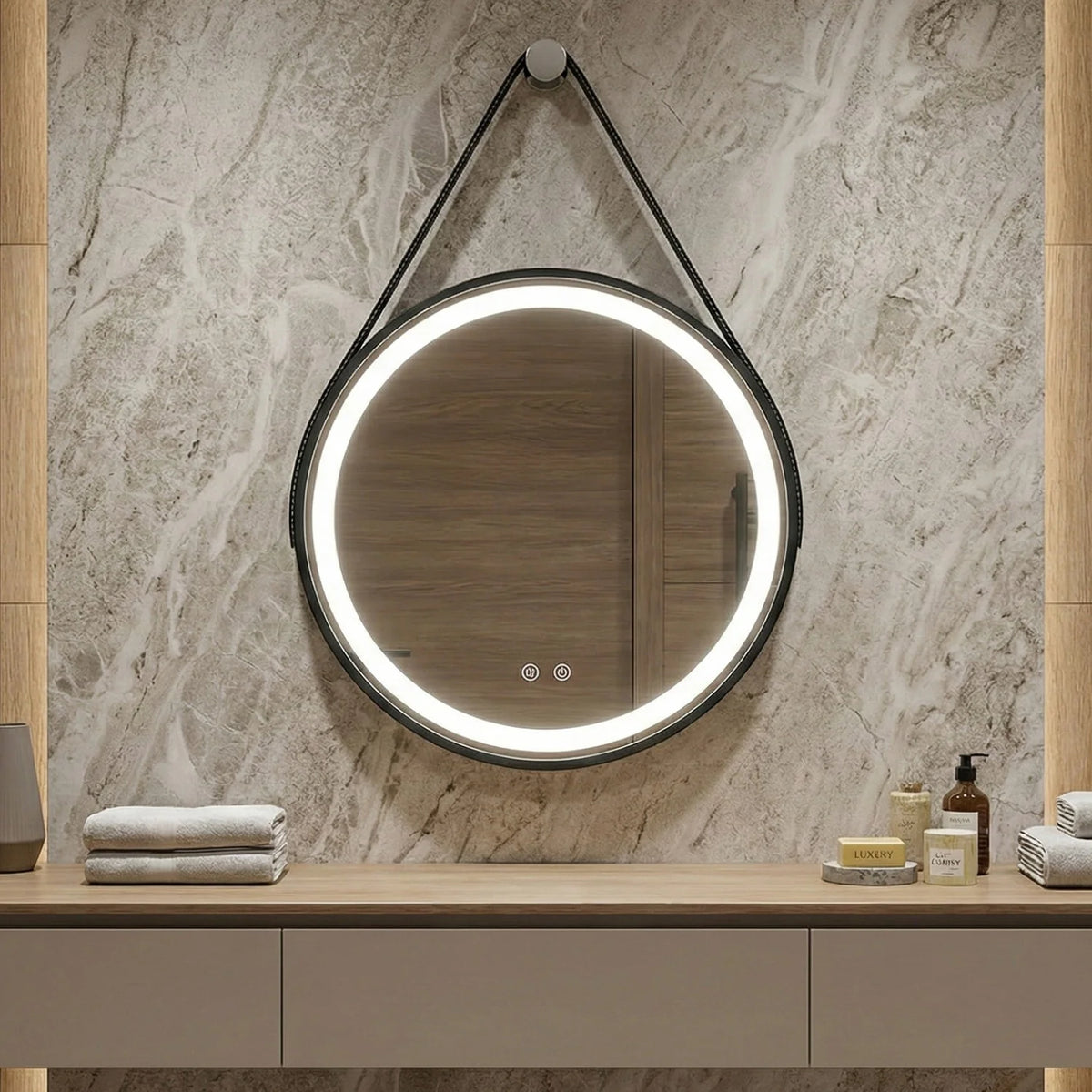 Кръгло LED огледало Leather | Кожен колан | 60cm | Anti Fog | Touch Control