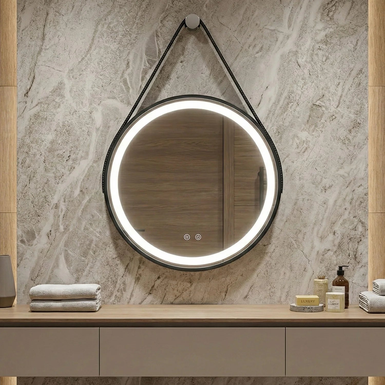 Кръгло LED огледало Leather | Кожен колан | 60cm | Anti Fog | Touch Control