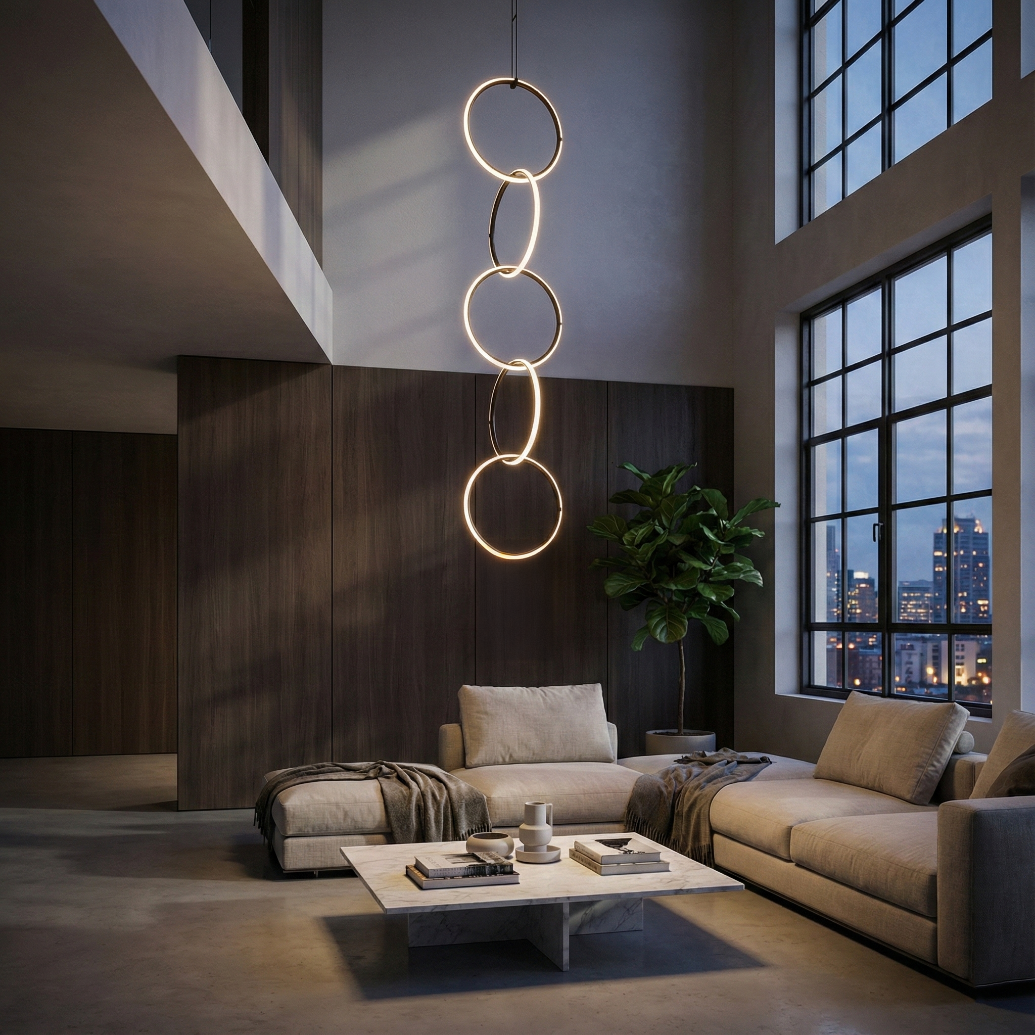 Висящ LED полилей Balans 5 | Пет светещи пръстена | 95W | 3000K | Черен