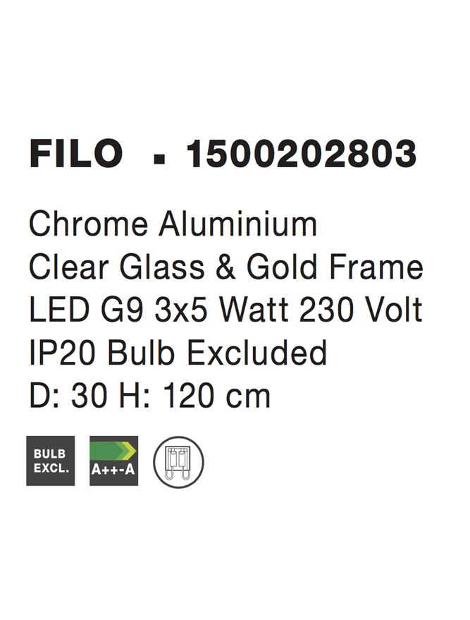 Висящо осветително тяло (пендел) FILO 25W G9 Хром алуминий Златна рамка Прозрачно стъкло Регулируема височина ⌀37