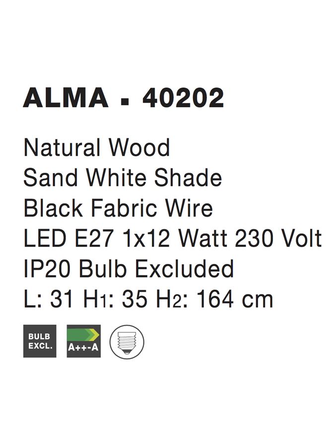 Висящо осветително тяло (пендел) ALMA 12W E27 Натурално дърво, пясъчно бял абажур, черен текстилен кабел