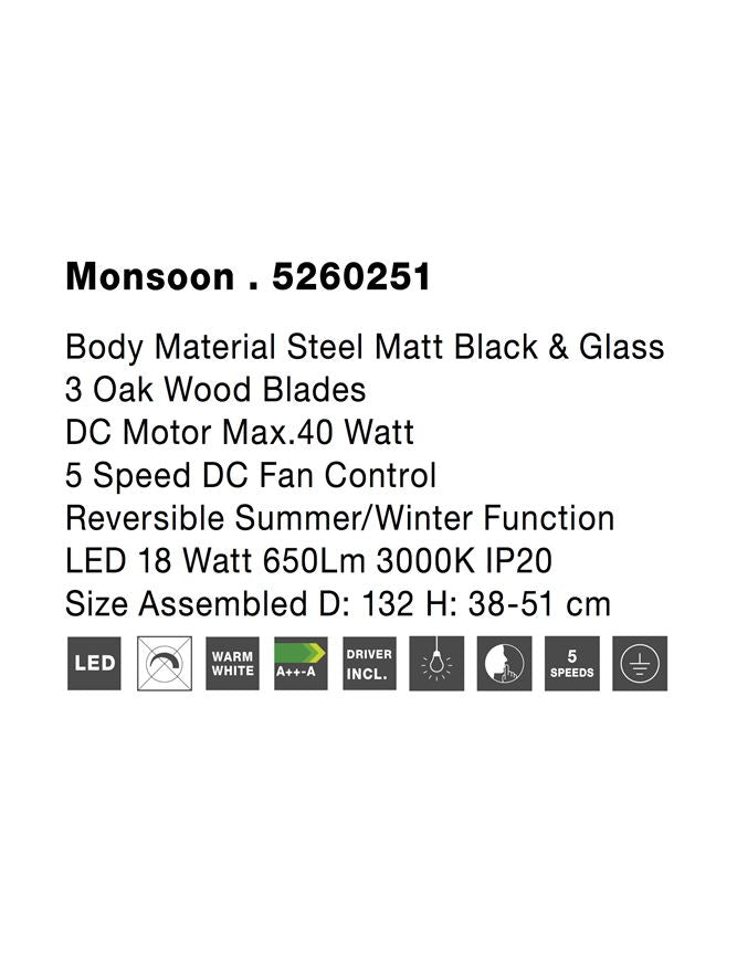 Висящо осветително тяло (пендел) MONSOON 40W Стомана и стъкло с бели/дъбови перки вентилатор Ø132 H38-51см