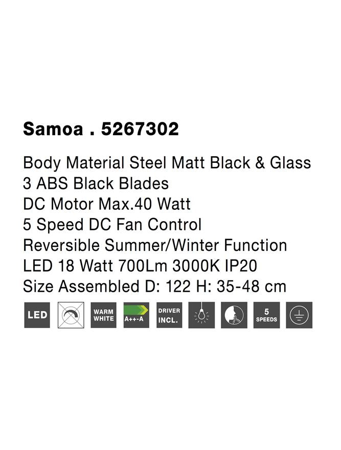 Висящо осветително тяло (пендел) SAMOA 42W Стомана и стъкло ABS перки бял/черен вентилатор Ø122 H35-48см