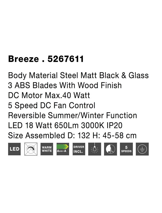 Висящо осветително тяло (пендел) BREEZE 55W Матово черен стомана и стъкло с ABS дърво вентилатор Ø132 H45-58см