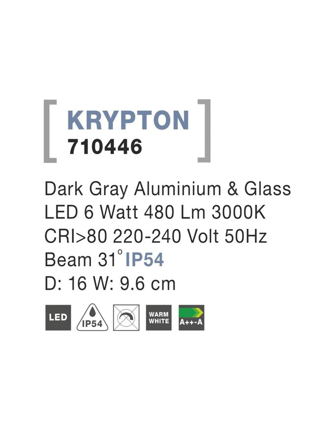 Външен аплик KRYPTON 6W Тъмен сив алуминий стъкло
