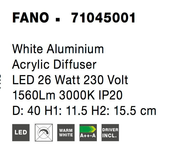 Висяща лампа FANO 26W LED Бял Алуминий Акрил ⌀40 H11.5см