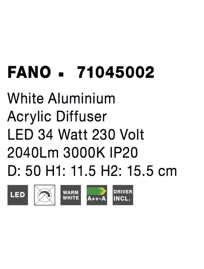 Висящо осветително тяло (пендел) FANO 34W LED Бял алуминий акрил ⌀50 H11.5см