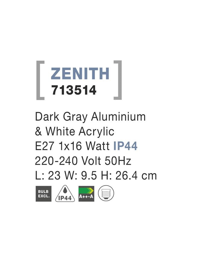 Външен аплик ZENITH LED E27 12W Тъмен сив алуминий бял акрил