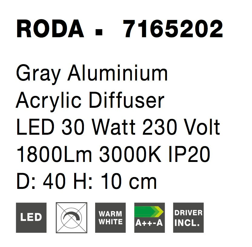Висяща лампа RODA 30W сив алуминий и акрил