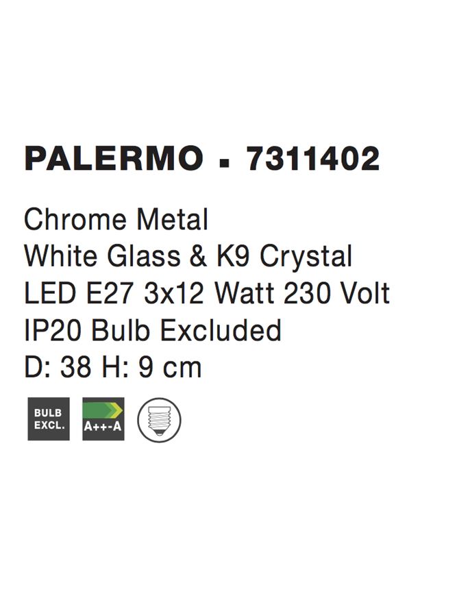 Висящо осветително тяло (пендел) PALERMO 3x12W LED Хромиран метал Бяло стъкло с кристали