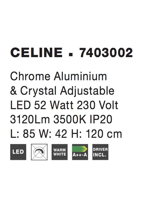 Висящо осветително тяло (пендел) CELINE 50W LED Хромиран алуминий и кристал L85 W42 H120см Регулируема и въртяща