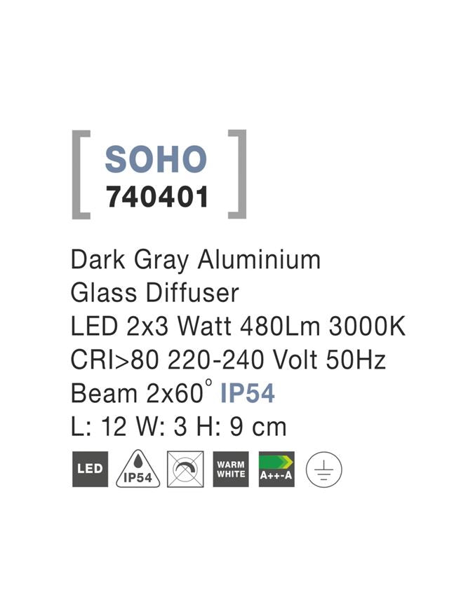 Външен аплик SOHO 2x3W LED Тъмен антрацит алуминий и стъкло IP54 3000K
