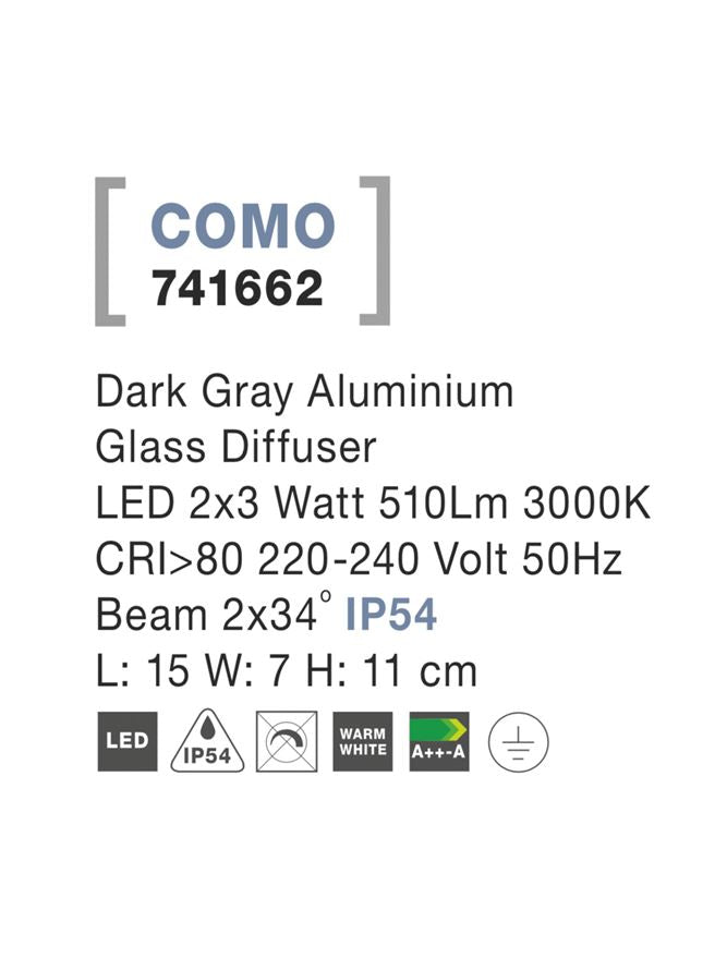 Външен аплик COMO 2x3W LED Тъмен антрацит алуминий и стъкло IP54 3000K