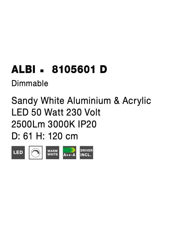 Висящо осветително тяло (пендел) ALBI 52W Пясъчно бял алуминий и акрил LED Триак димируем Регулируема височина