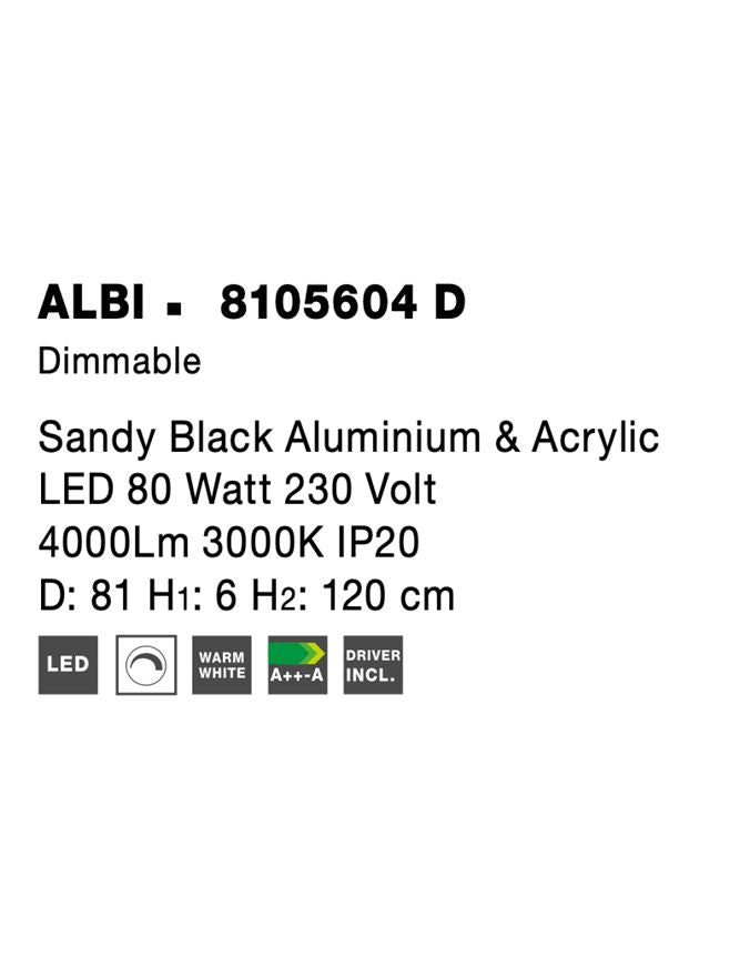 Висящо осветително тяло (пендел) ALBI 80W Пясъчно черен алуминий и акрил LED Триак димируем Регулируема височина