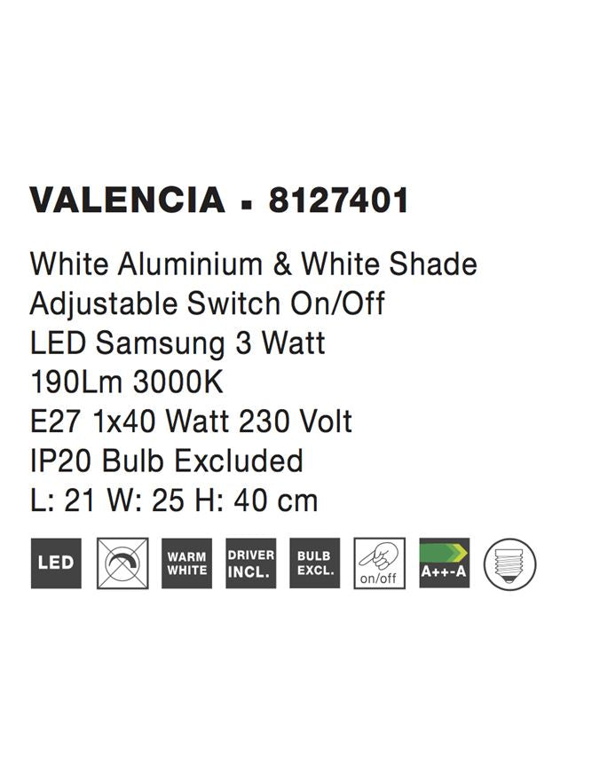 Висящо осветително тяло (пендел) VALENCIA LED E27 15W Бял алуминий и бял абажур Регулируем
