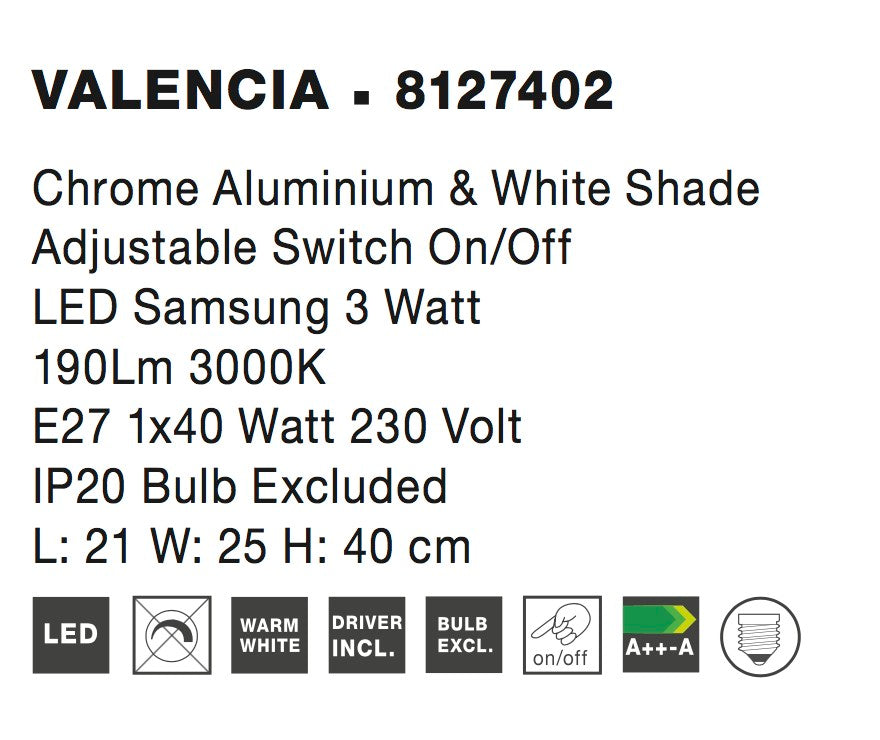 Висящо осветително тяло (пендел) VALENCIA LED E27 15W Хромиран алуминий и бял абажур Регулируем