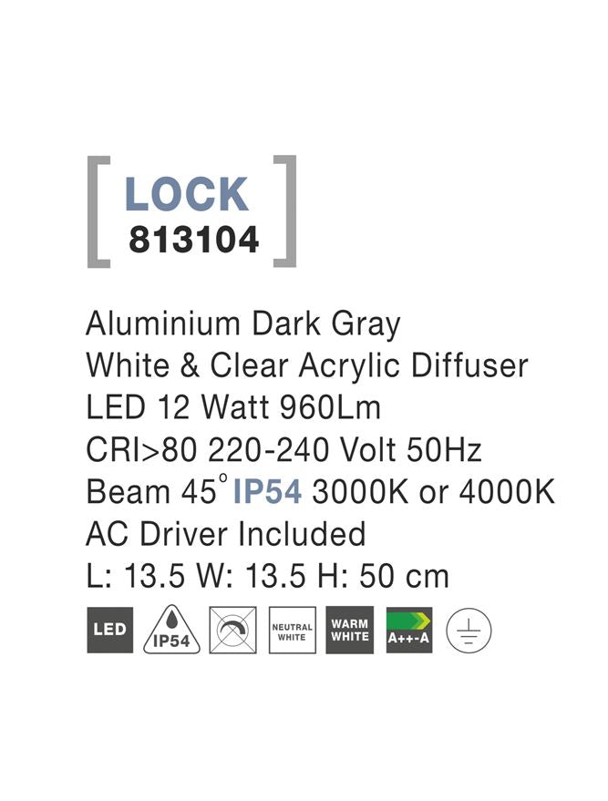 Външен аплик LOCK 12W Тъмен сив алуминий прозрачен и бял акрил