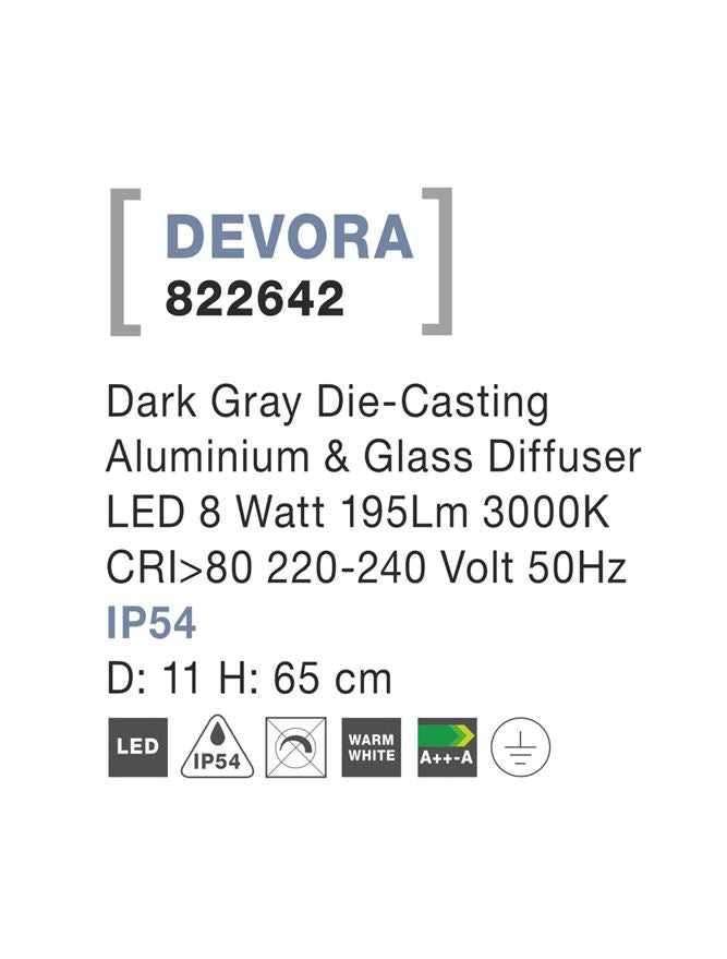 Външен аплик DEVORA LED 8W Тъмен сив алуминий и стъклен дифузер ⌀11 H65см IP54