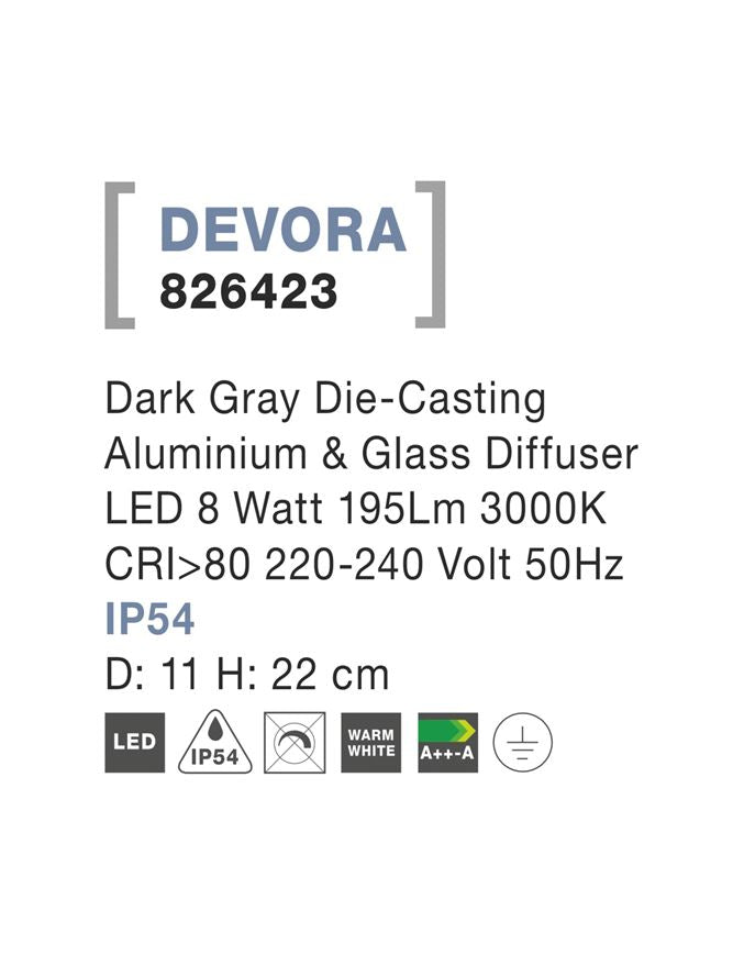 Външен аплик DEVORA LED 8W Тъмен сив алуминий и стъклен дифузер ⌀11 H22см IP54