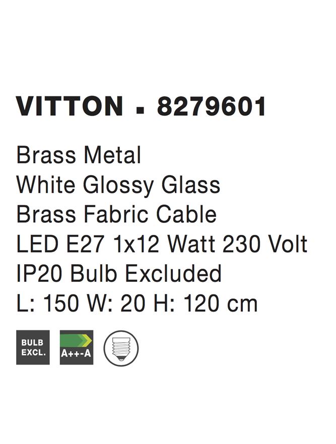 Висящо осветително тяло (пендел) VITTON 12W LED E27 Златист месинг и бяло гланцово стъкло L150 W20 H120см Регулируема височина