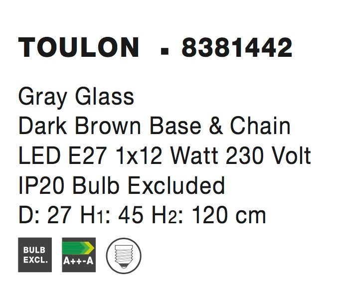 Висящо осветително тяло (пендел) TOULON 12W E27 Тъмно кафяв Сиво стъкло