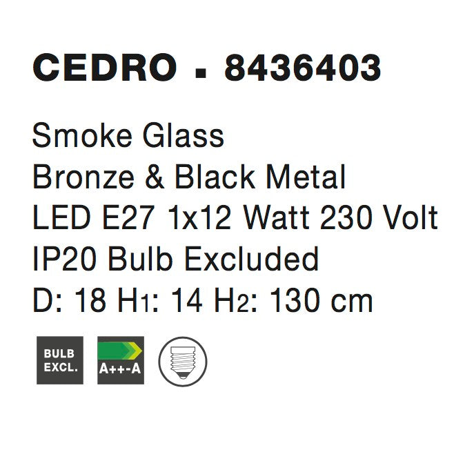 Висящо осветително тяло (пендел) CEDRO 12W LED E27 Бронз/черен, опушено стъкло ⌀18