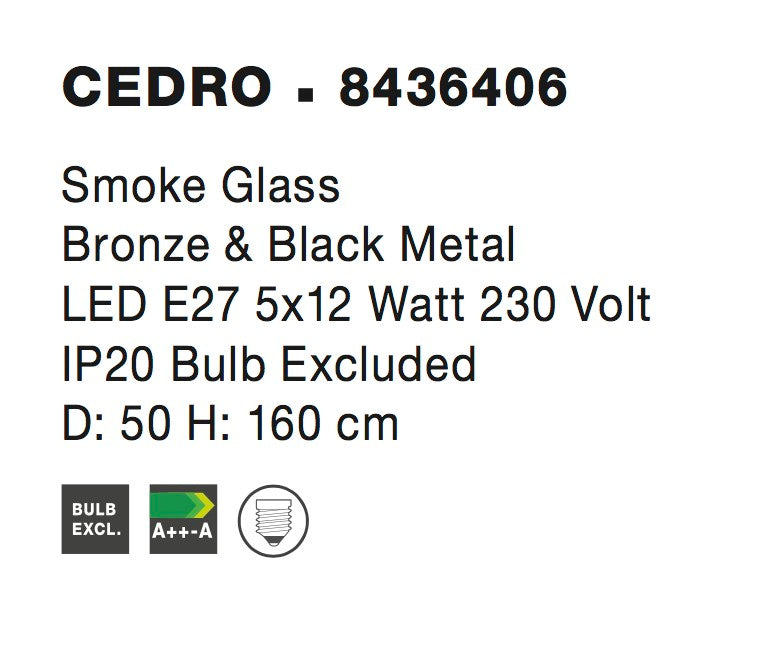 Висящо осветително тяло (пендел) CEDRO 60W LED E27 Бронз/черен, опушено стъкло ⌀50