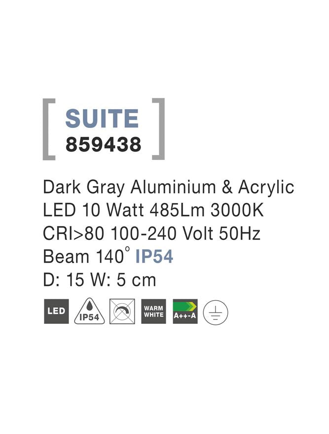Градинска лампа SUITE 10W Тъмен сив алуминий и акрил IP54 ⌀15 W5см