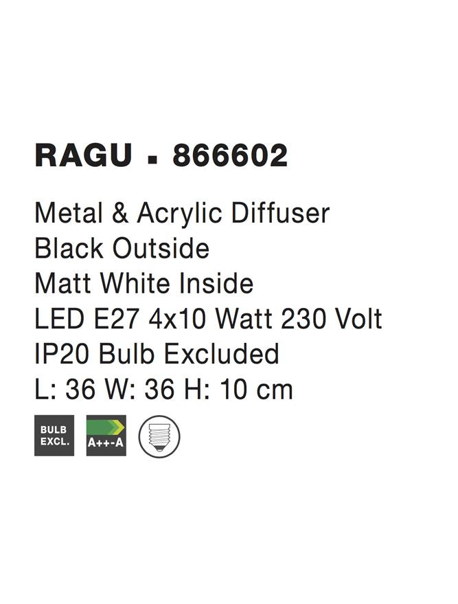 Висящо осветително тяло (пендел) RAGU 4x12W LED E27 Черен метал, матово бял акрил