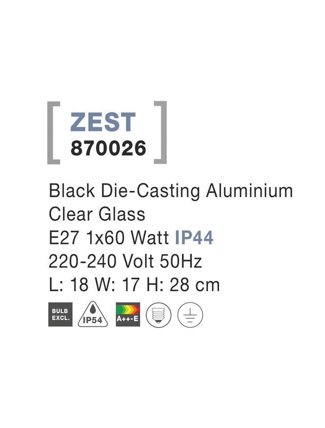 Външен аплик ZEST 12W Пясъчно черен леят алуминий прозрачно стъкло IP54