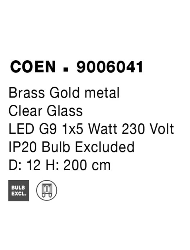 Висящо осветително тяло (пендел) COEN LED 5W G9 Златист месинг Прозрачно структурирано стъкло Регулируема височина ⌀12 H200см