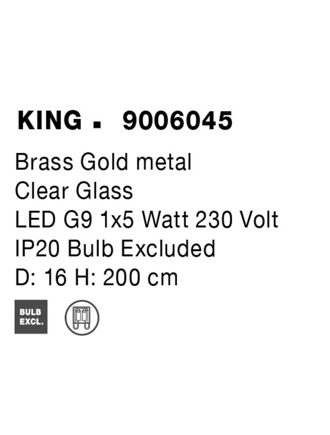 Висящо осветително тяло (пендел) KING LED 5W G9 Златист месинг Прозрачно стъкло Регулируема височина ⌀16 H200см