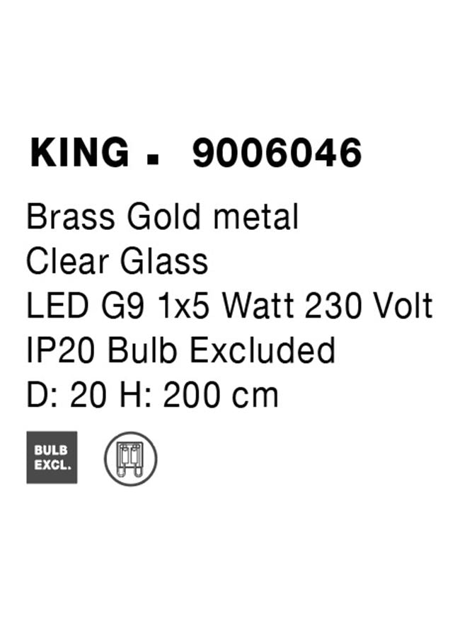 Висящо осветително тяло (пендел) KING LED 5W G9 Златист месинг Прозрачно стъкло Регулируема височина ⌀20 H200см
