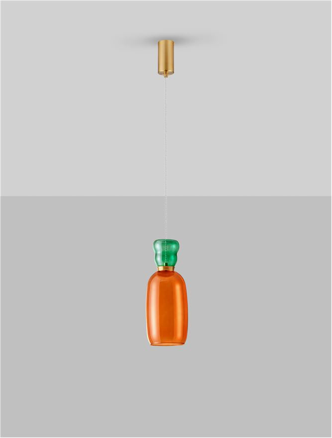 Висящо осветително тяло (пендел) PLUMA 9W LED Златист метал Яспис и оранжево стъкло ⌀15 H170см