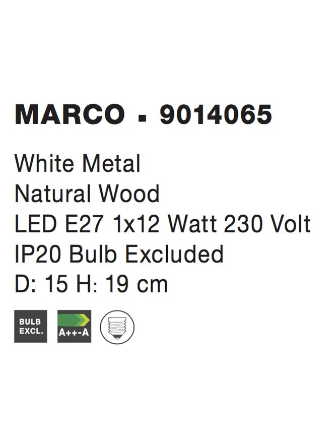 Висящо осветително тяло (пендел) MARCO 12W E27 Бял метал, натурално дърво