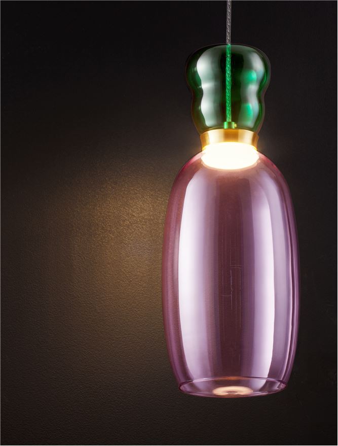 Висящо осветително тяло (пендел) PLUMA 9W LED Златист метал Яспис и лилаво стъкло ⌀15 H179см