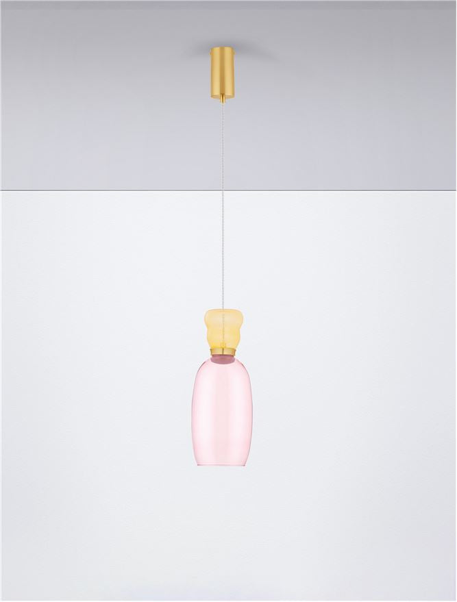 Висящо осветително тяло (пендел) PLUMA 9W LED Златист метал Жълто и розово стъкло ⌀15 H179см