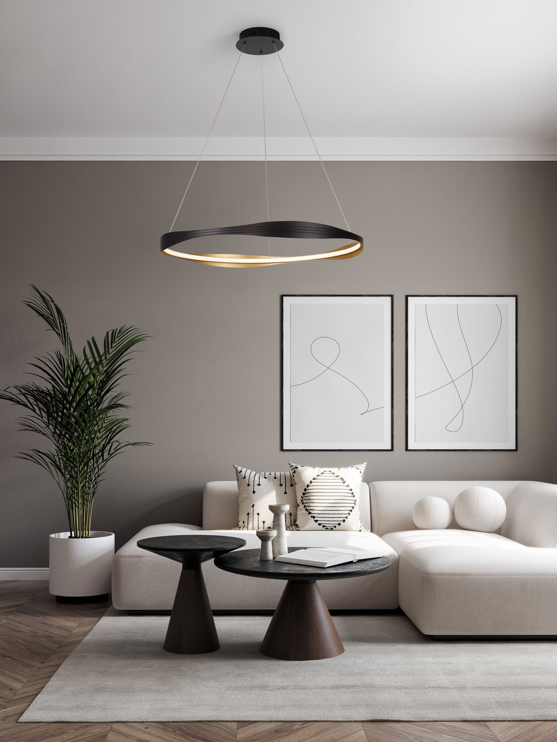 Висящо осветително тяло (пендел) DOBI 40W LED Пясъчно черен и златист алуминий и акрил ⌀80 H120см