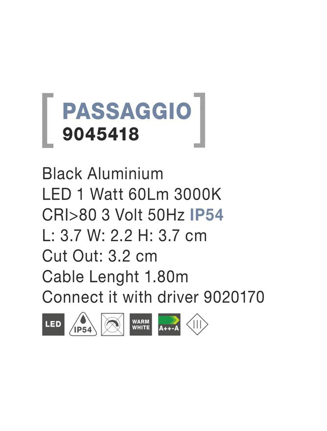 Външен аплик PASSAGIO 1W Пясъчно черен алуминий