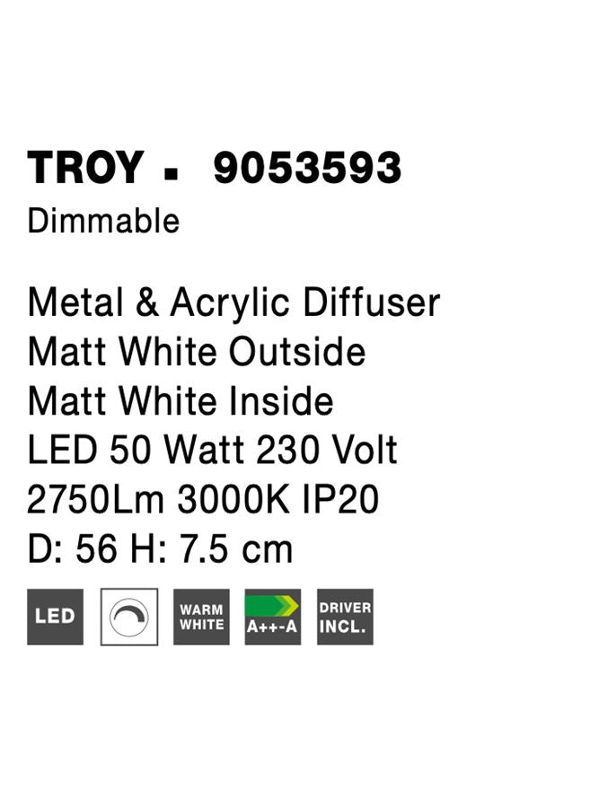 Висящо осветително тяло (пендел) TROY 50W LED Матово бял метал акрил ⌀56 H7.5см