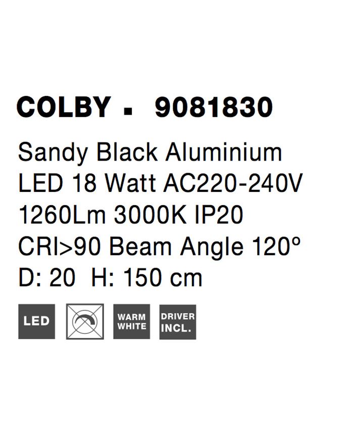 Висящо осветително тяло (пендел) COLBY LED 18W Пясъчно черен алуминий ⌀20 H150см