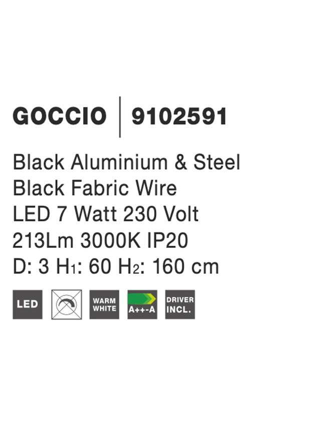 Висящо осветително тяло (пендел) GOCCIO LED 6W 230V Черен алуминий и стомана Черен текстилен шнур Регулируема височина ⌀3 H60-160см