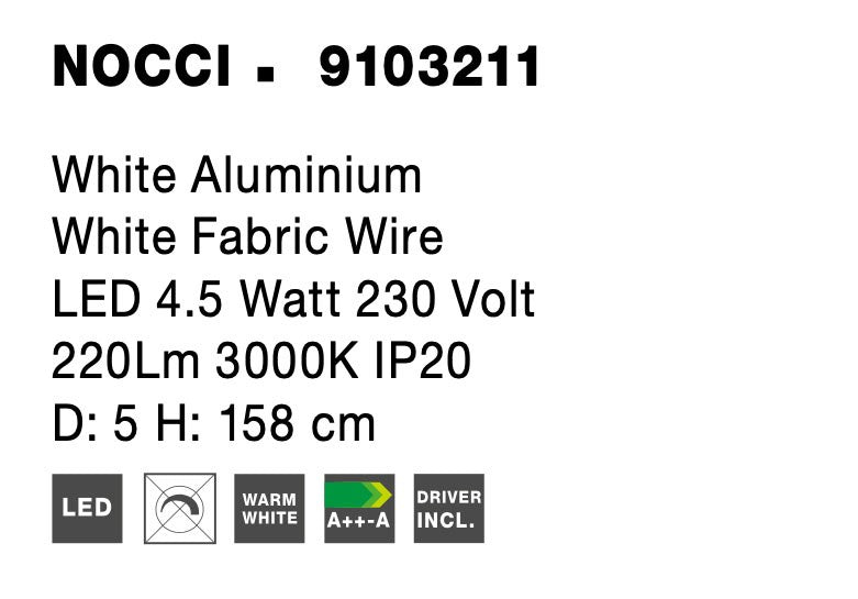 Висящо осветително тяло (пендел) NOCCI LED 4W 230V Бял алуминий Бял текстилен шнур Регулируема височина ⌀5 H158см