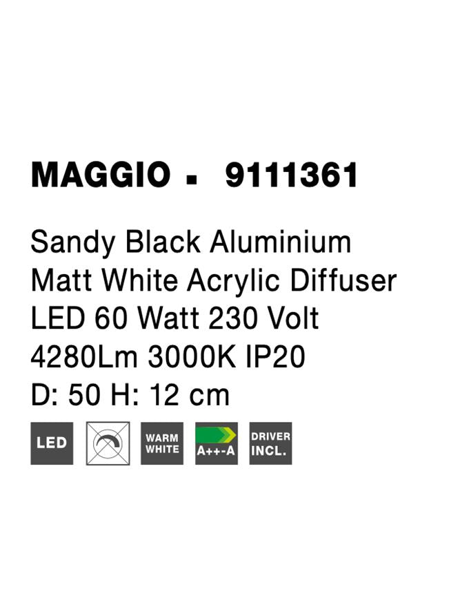 Висящо осветително тяло (пендел) MAGGIO 60W LED Пясъчно черен алуминий матово бял акрил ⌀50 H12см